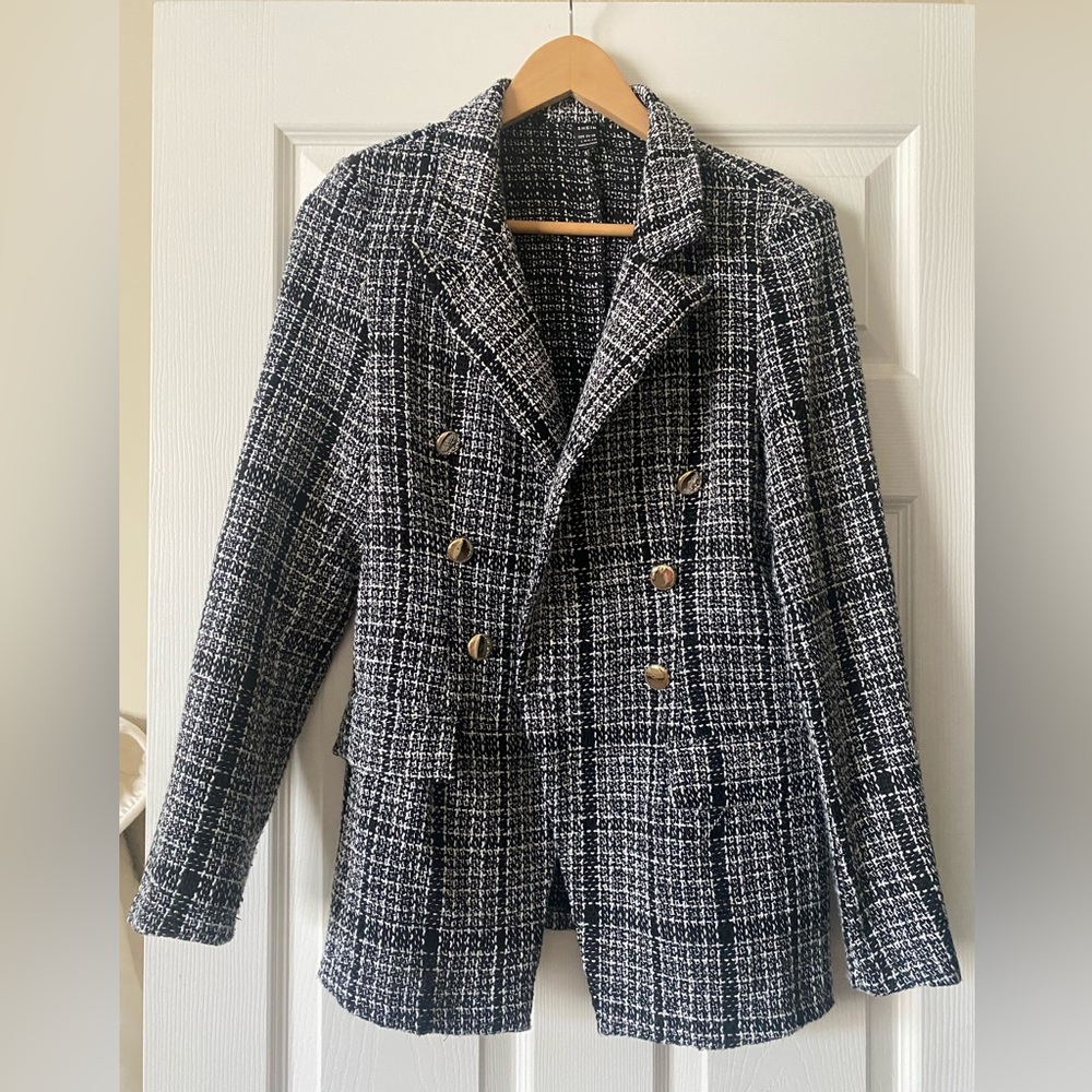 SHEIN Black & White Tweed Double-Breasted Blazer